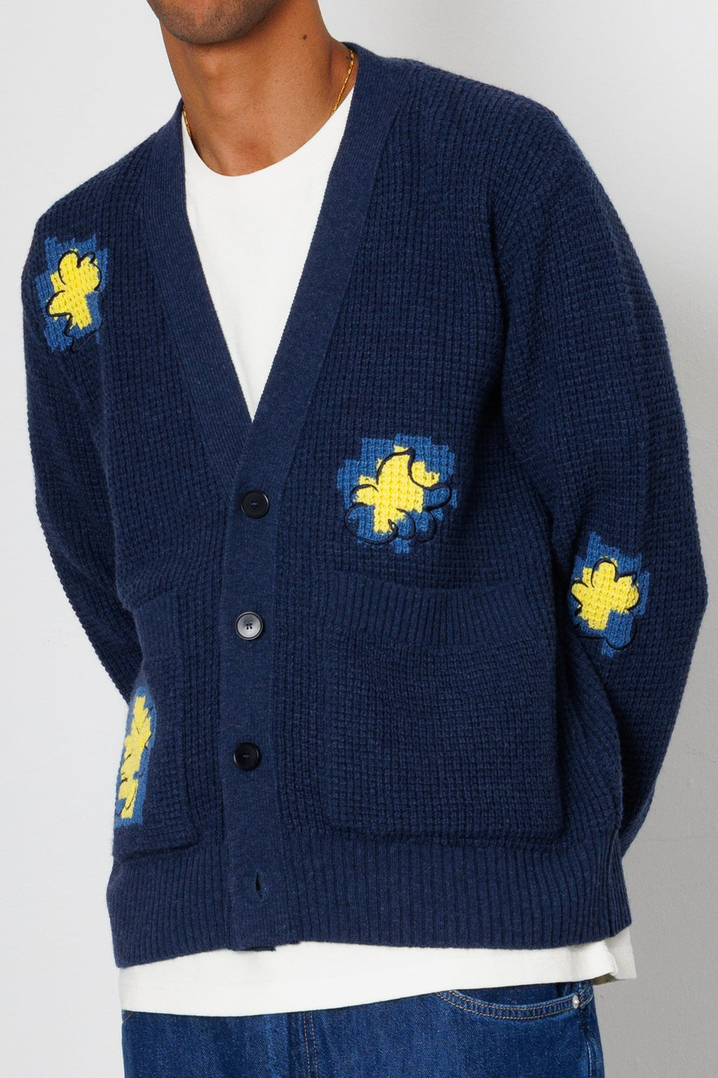 Waffle Cardigan - Embroidered Yellow Flower | Folk x Goss Brothers