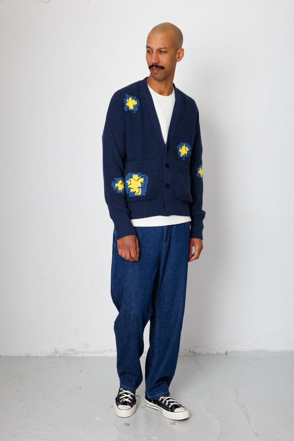 Waffle Cardigan - Embroidered Yellow Flower | Folk x Goss Brothers