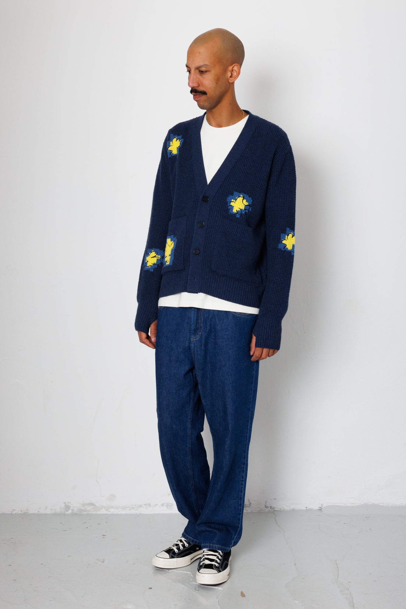 Waffle Cardigan - Embroidered Yellow Flower | Folk x Goss Brothers