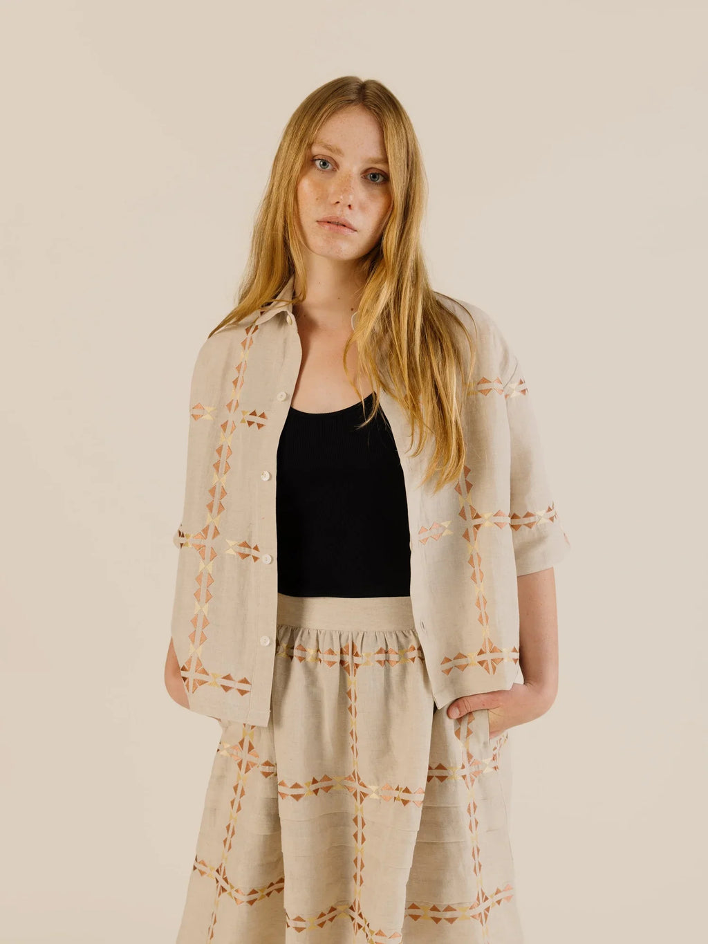 Sideline | Polly Shirt - Oat Embroidered