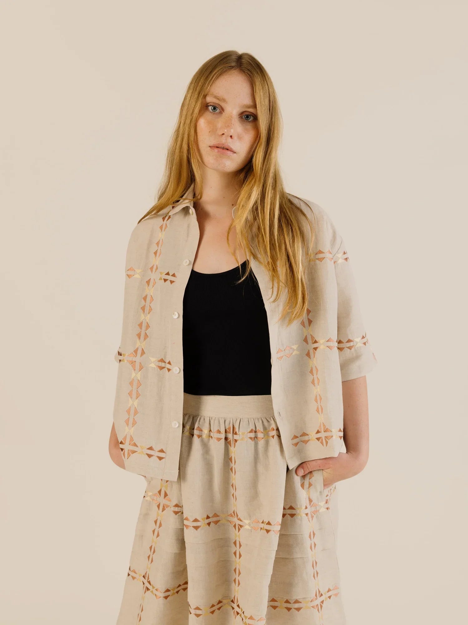 Sideline | Polly Shirt - Oat Embroidered