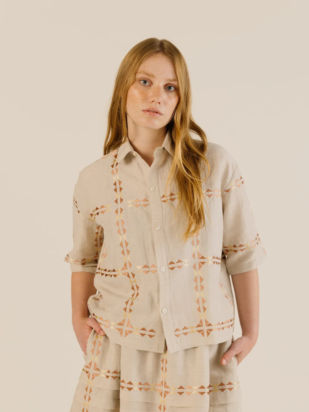 Sideline | Polly Shirt - Oat Embroidered